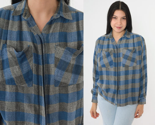90s Buffalo Plaid Button-Up Shirt Blue Grey Checkered Cotton Small