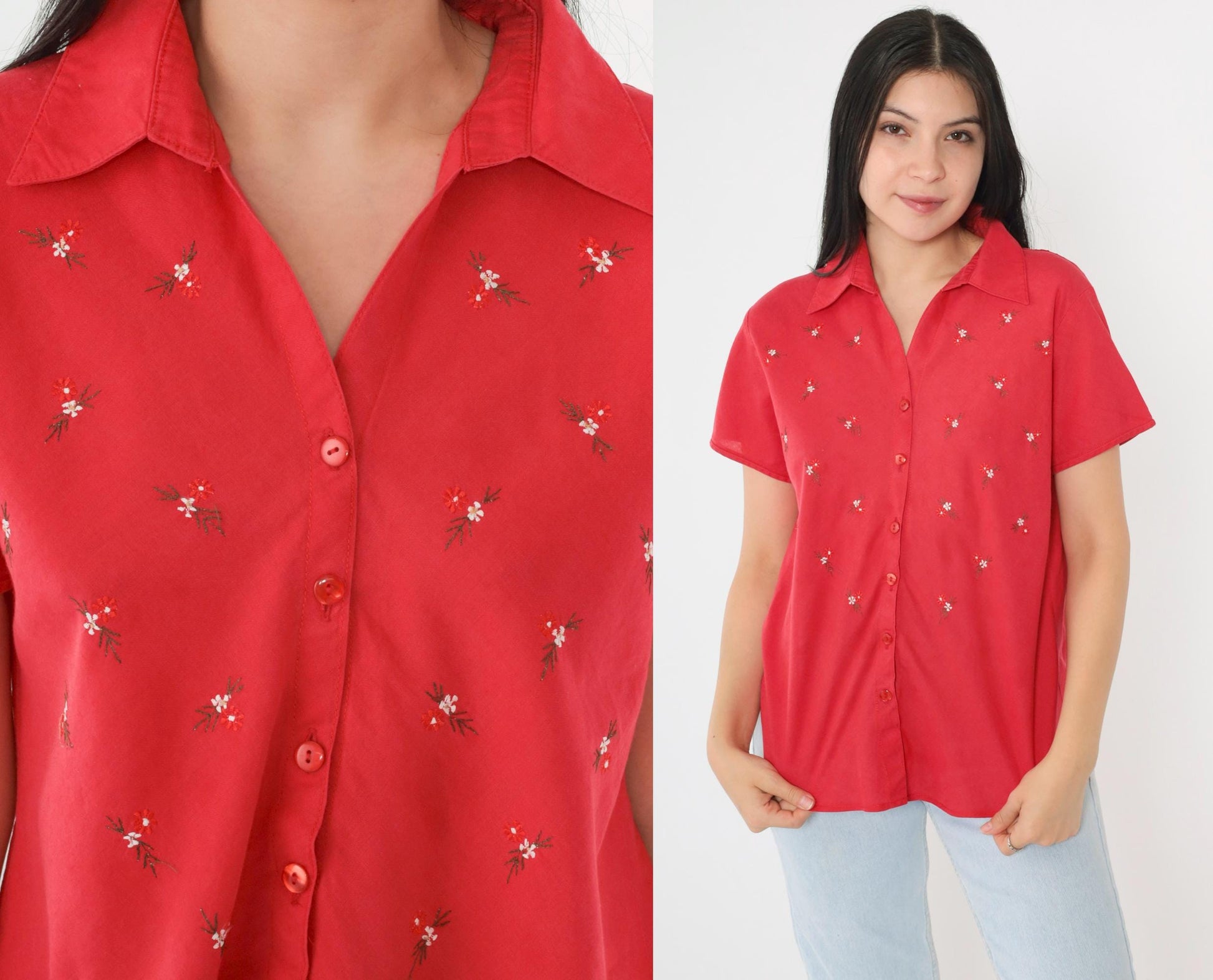Banana Republic 90s Red Floral Embroidered Button-Up Blouse Short Sleeve Large L