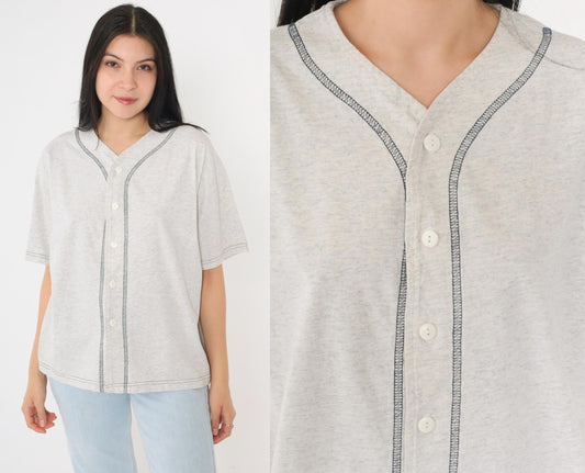 90s Lynne Designs Baseball Button-Up Shirt Grey Cotton Short Sleeve Medium