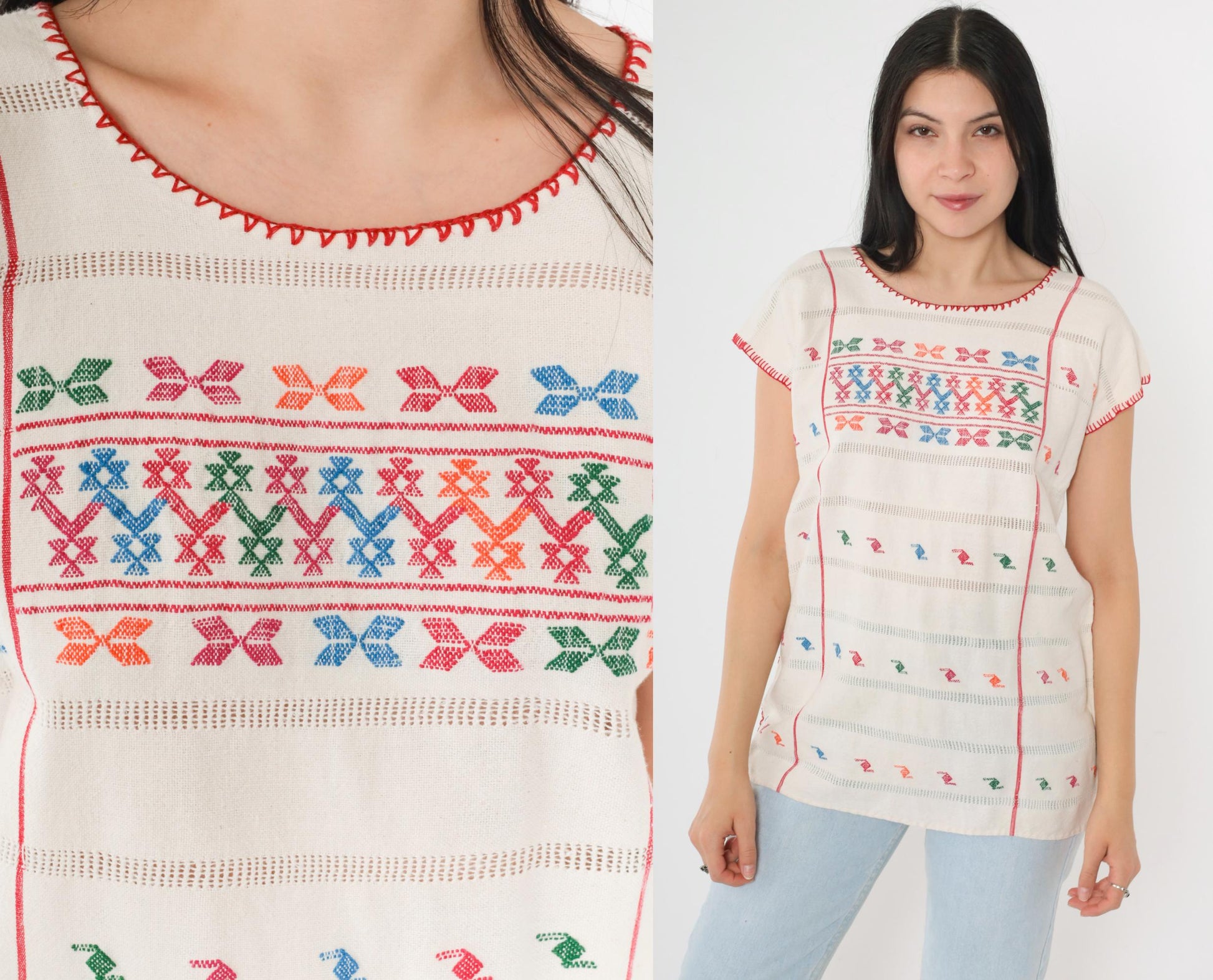 90s Mexican Embroidered Blouse Cream Geometric Cutwork Tunic Small