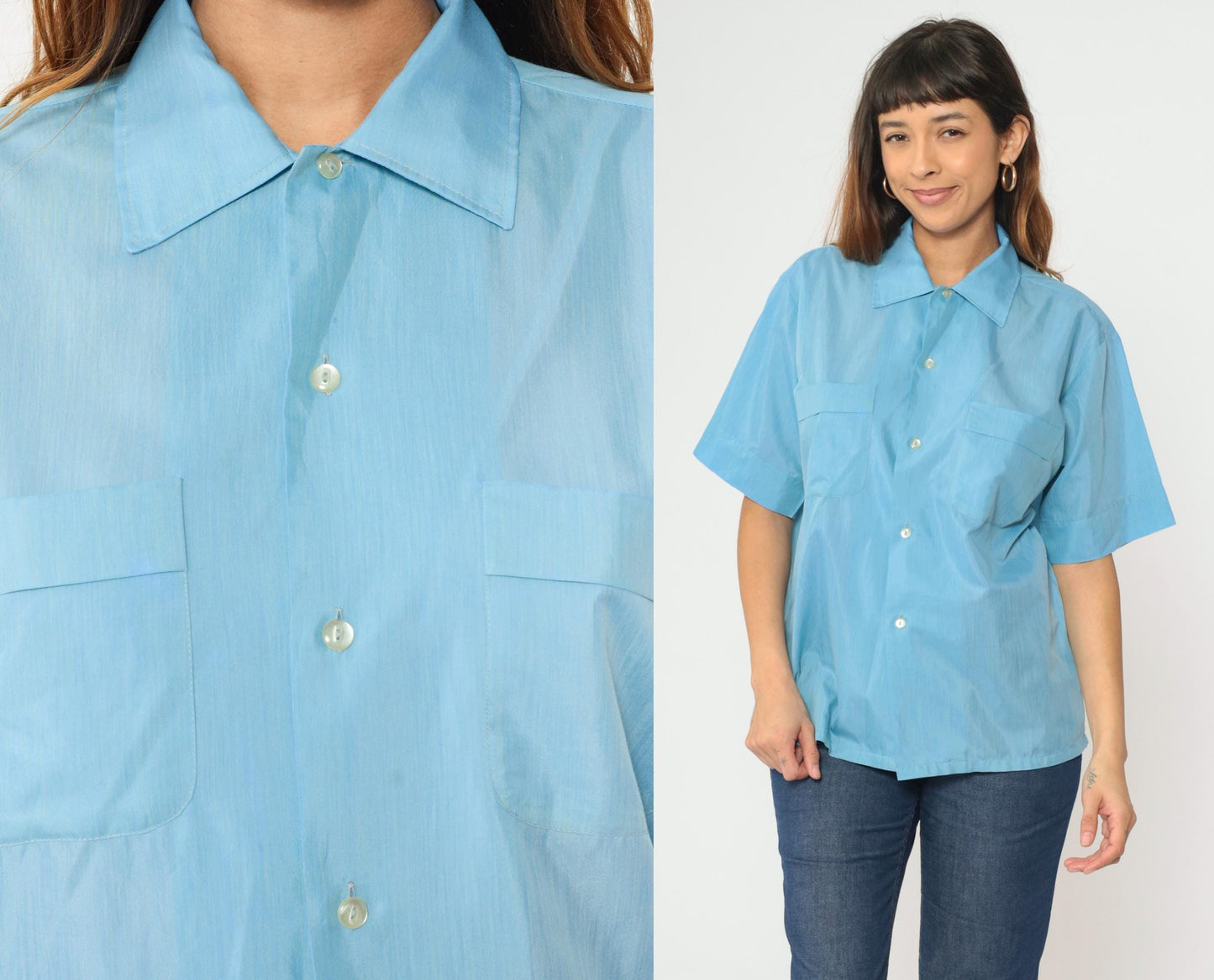 70s Crystalaire Blue Button-Up Shirt Short Sleeve Chest Pocket Men's Medium