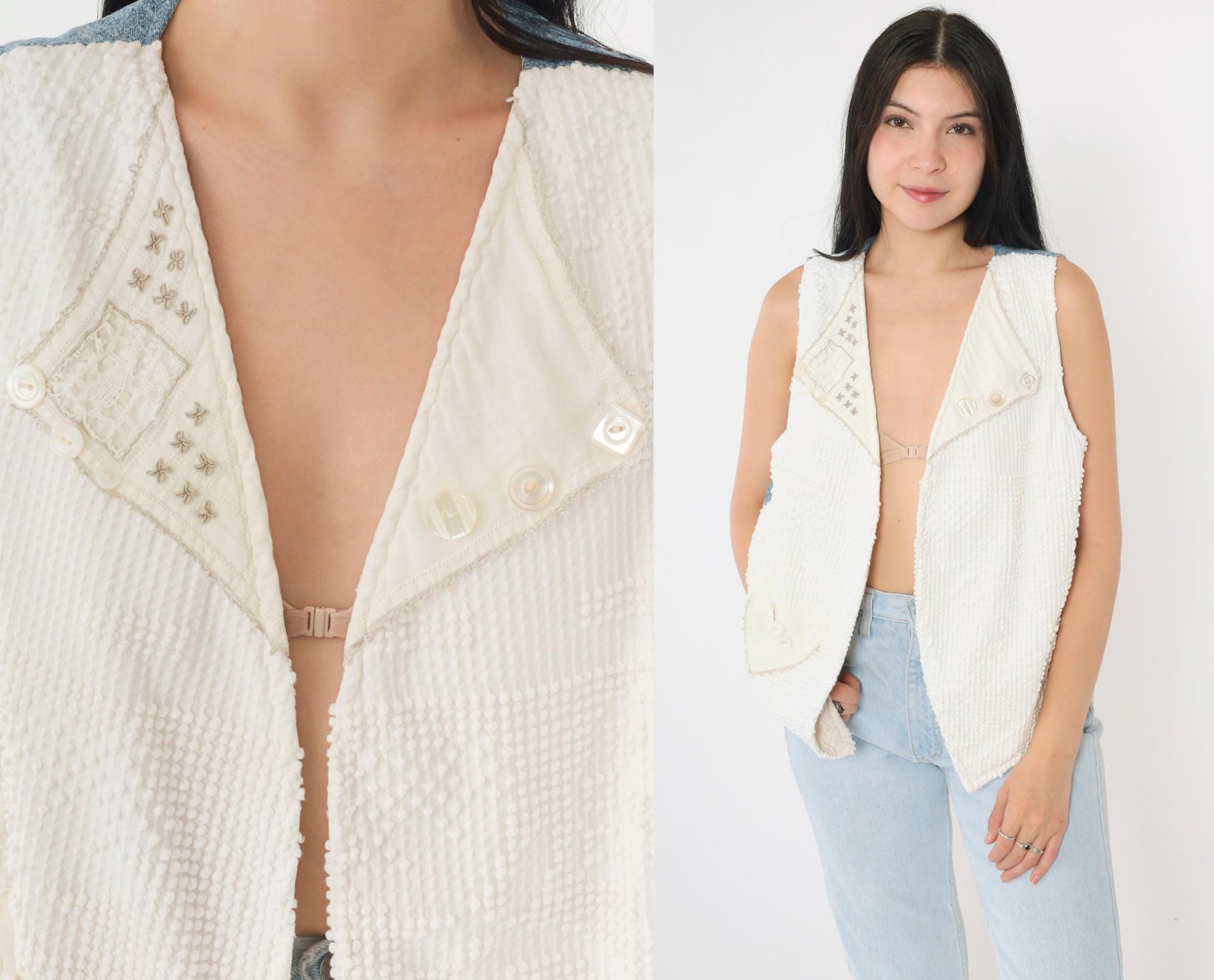 90s Reversible Vest White Nubby Texture Floral Chambray Denim Medium M