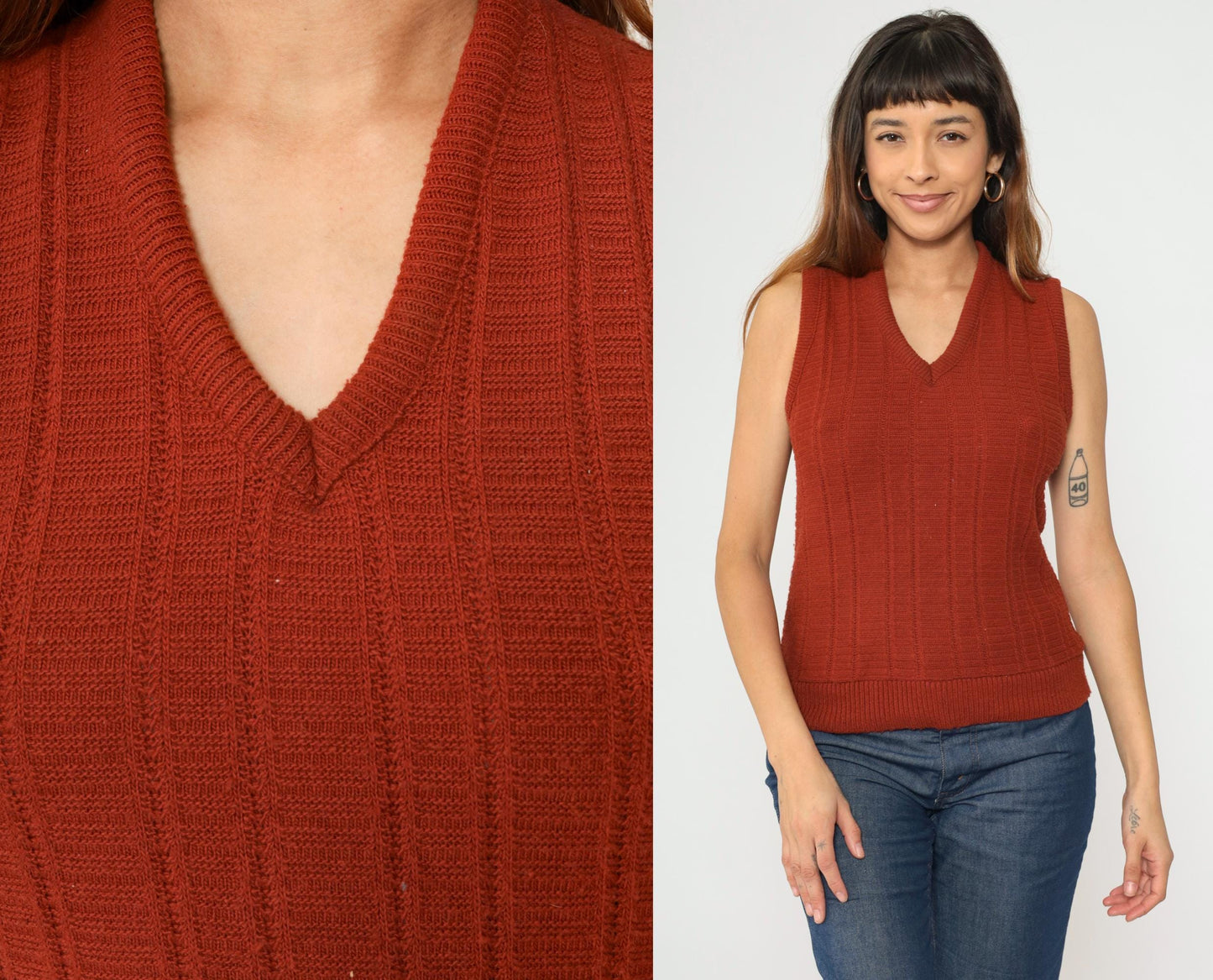 80s Montgomery Ward Rust Acrylic Knit Vest V-Neck Sleeveless Pullover Small