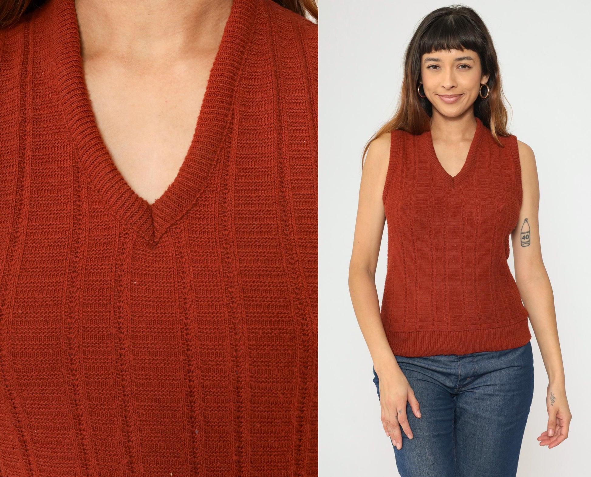 80s Montgomery Ward Rust Acrylic Knit Vest V-Neck Sleeveless Pullover Small