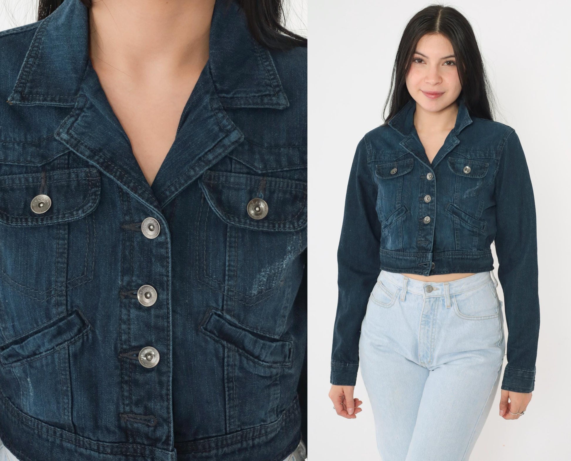 L.E.I. Cropped Dark Denim Jacket Y2K Button Front Fitted Small