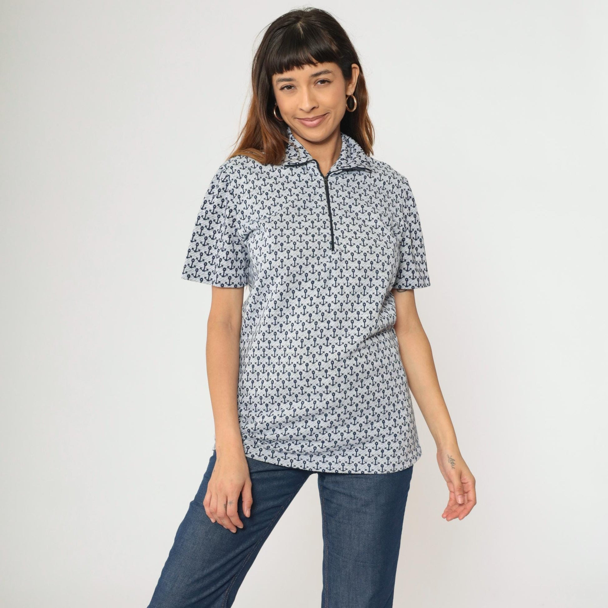 70s Nautical Anchor Print Quarter Zip Collared Top Blue Short Sleeve Medium Tall