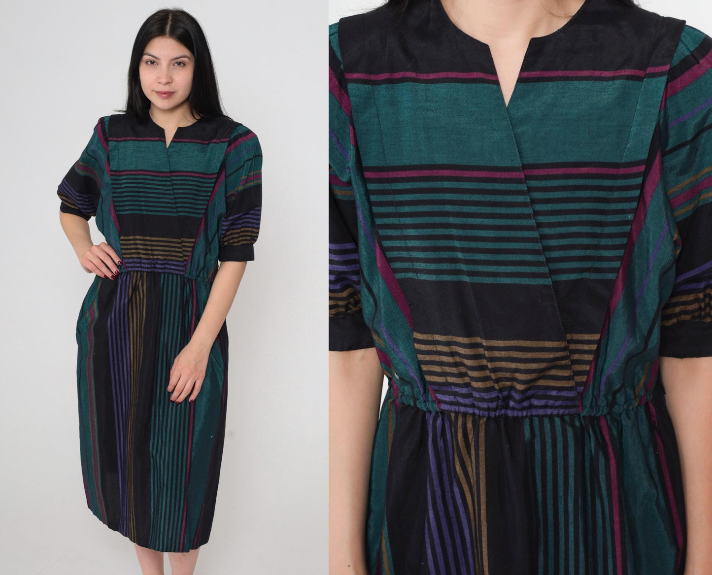 80s Multicolor Striped Midi Dress Puff Sleeve High Waist V-Neck Small S