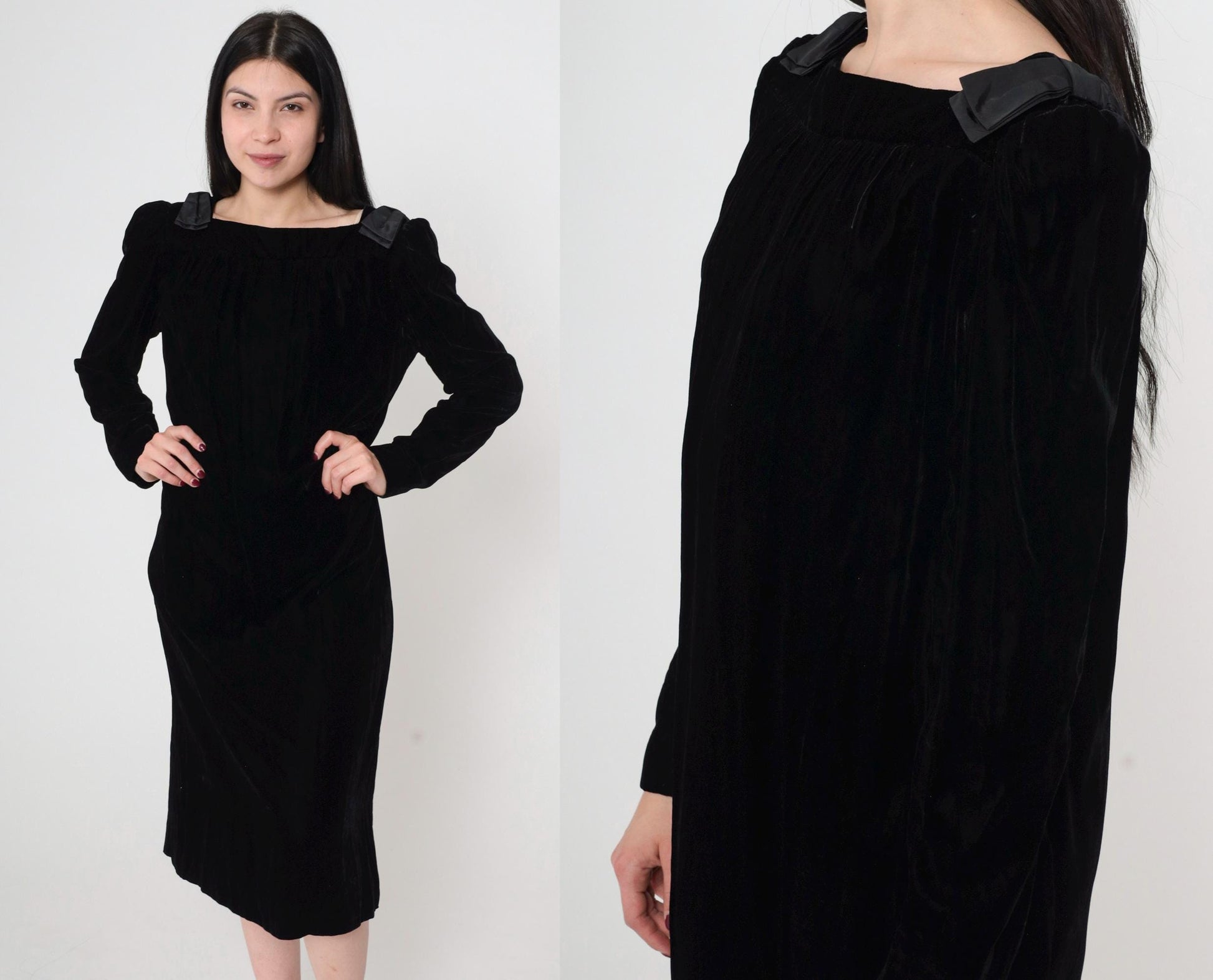 80s Victor Costa Black Velvet Midi Dress Bow Shoulders Long Sleeve Medium