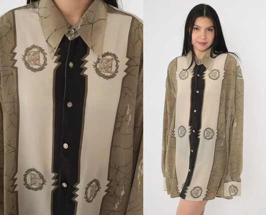 90s Platini Jeans Cougar Emblem Button-Up Shirt Tan Crackle Print Extra Large XL