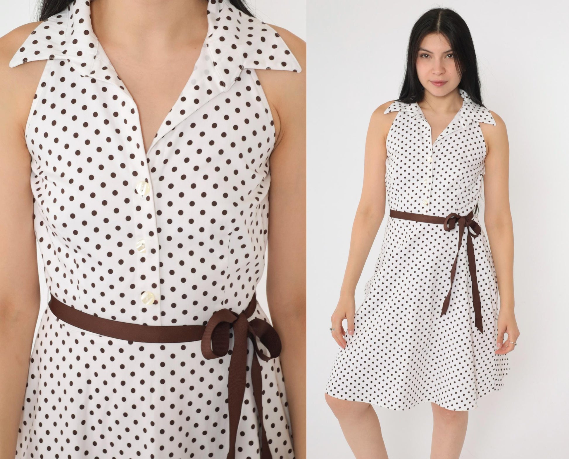 00s White Polka Dot Halter Mini Dress Brown Belt Button-Up Small 6