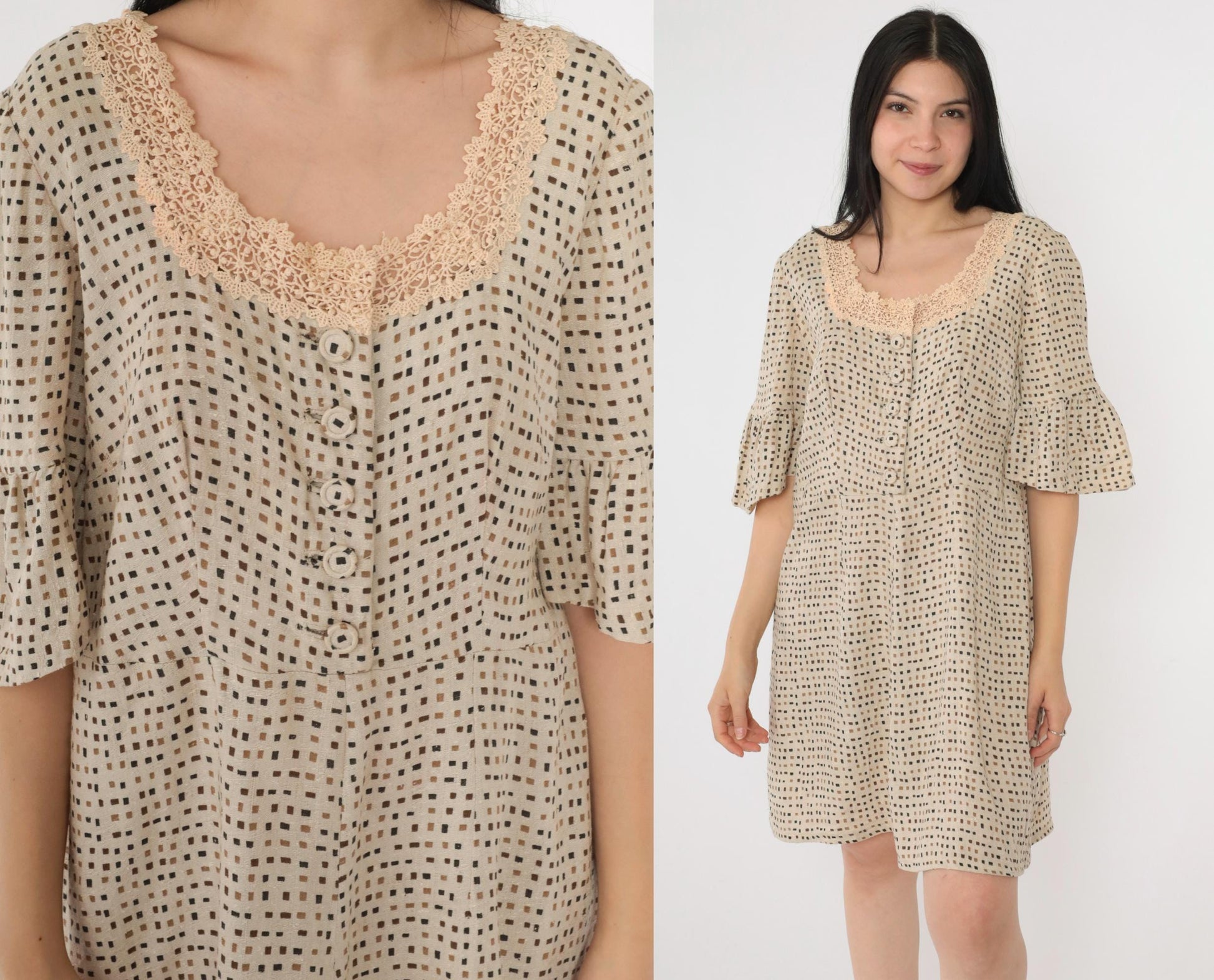 Y2K Beige Mini Dress Square Neckline Crochet Lace Bell Sleeve Button Up Medium M