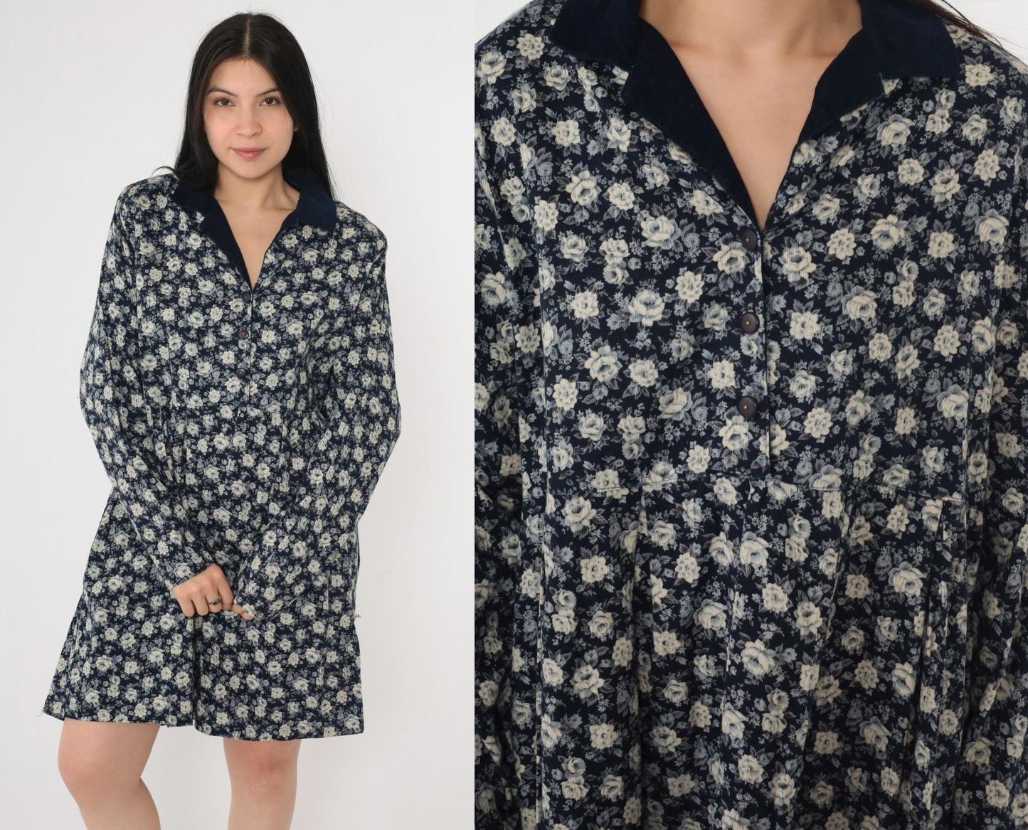 90s Navy Floral Button-Up Dress Corduroy Collar Long Sleeve Mini Extra Large