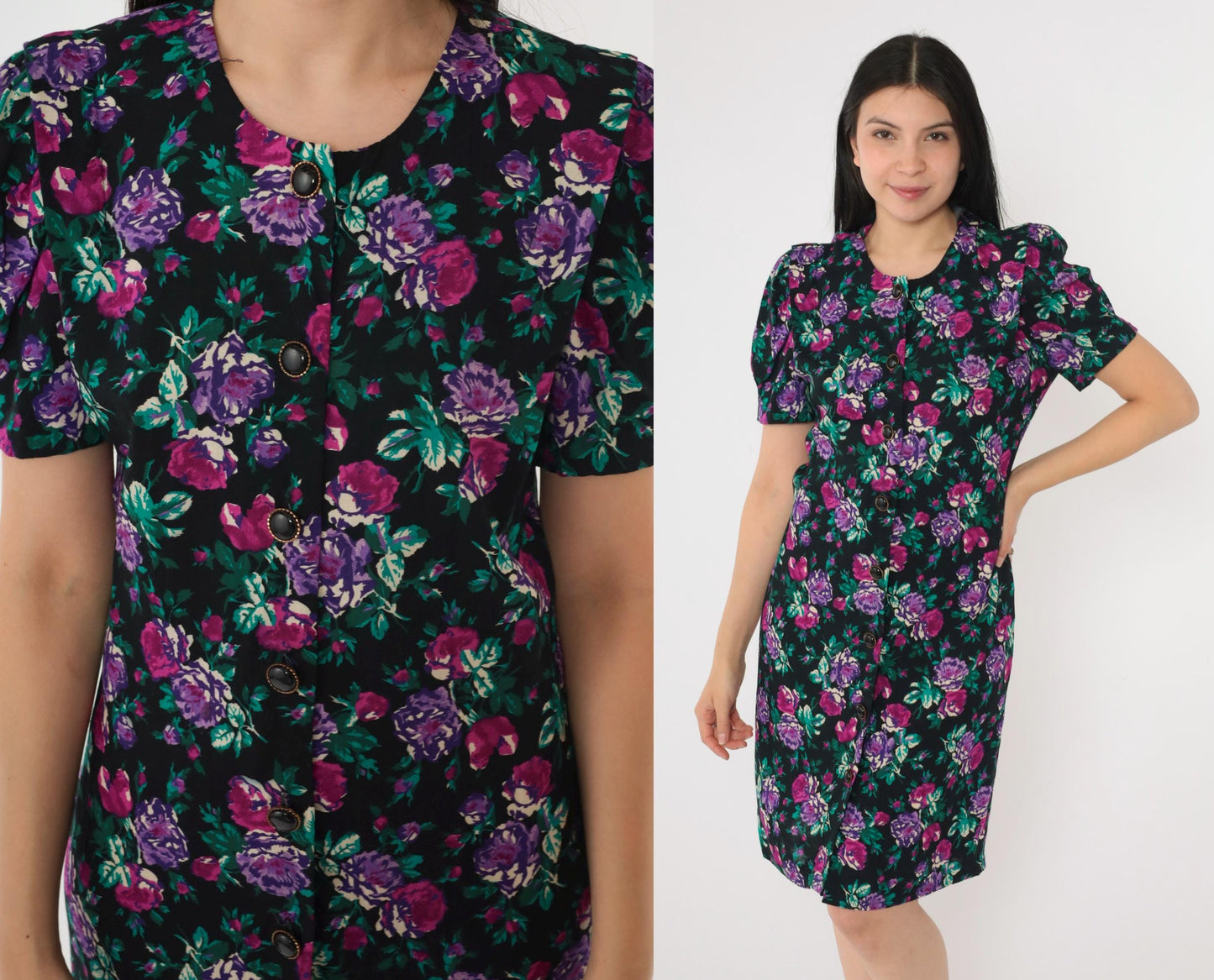 80s Floral Sheath Dress Puff Sleeve Black Purple Rose Mini Button Up Small