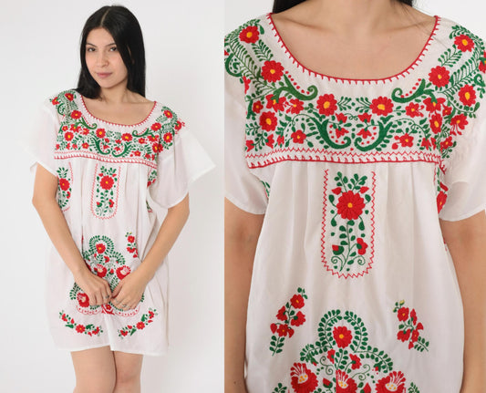 90s Mexican Embroidered Mini Dress White Floral Red Green Short Sleeve Medium M