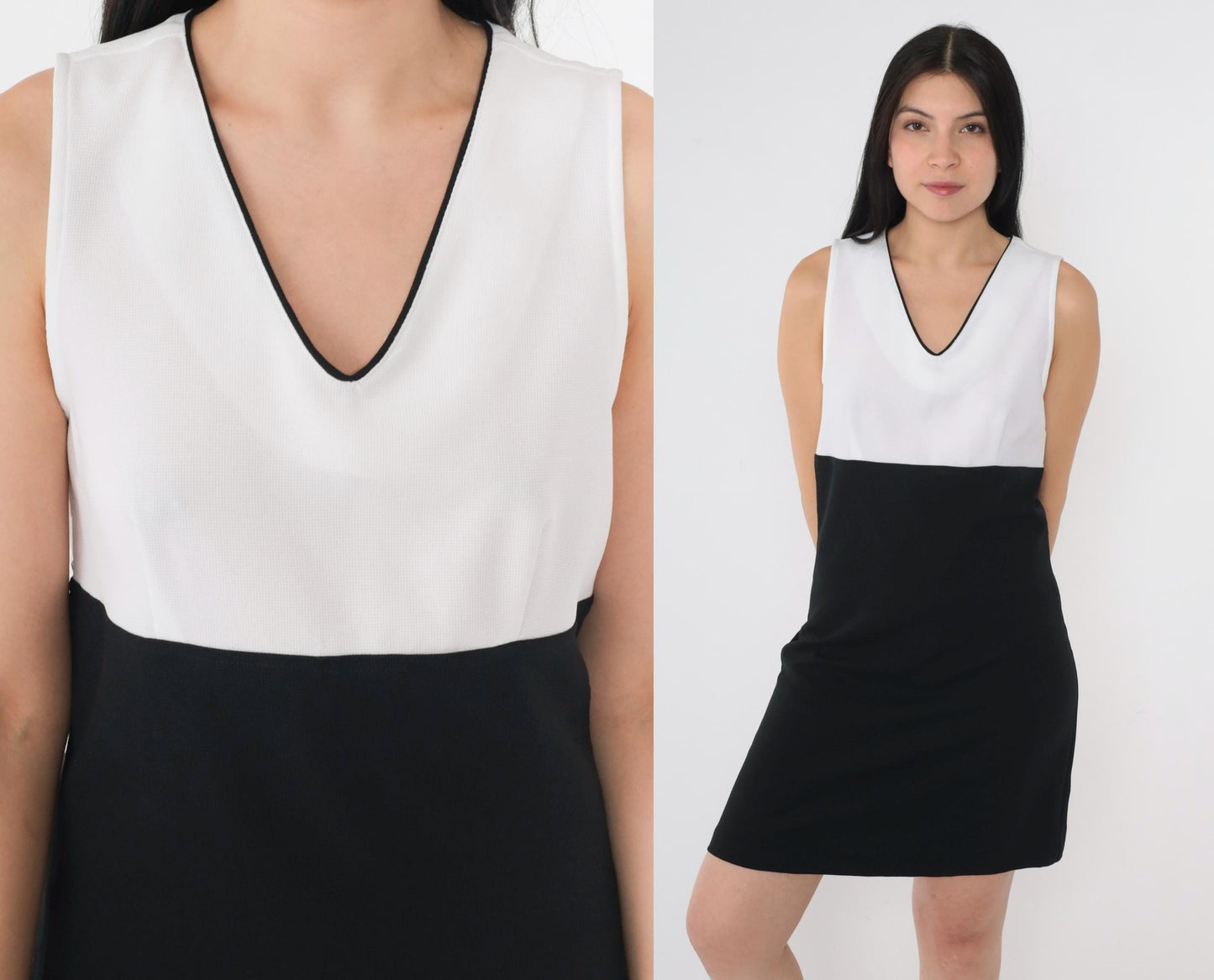 90s A. Byer California Black White Mini Dress Empire Waist V Neck Small S