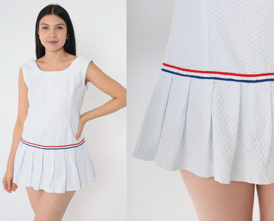 60s Mod Scooter Dress White Drop Waist Pleated Mini Sleeveless Small
