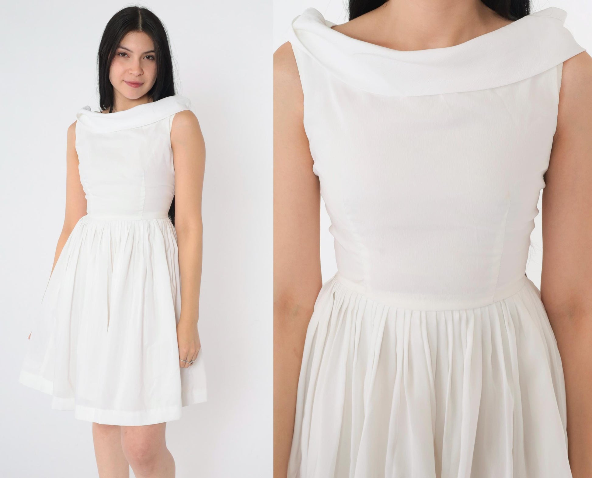 60s White Pleated Mini Dress High Waist Tie Back Skater Sleeveless Extra Small