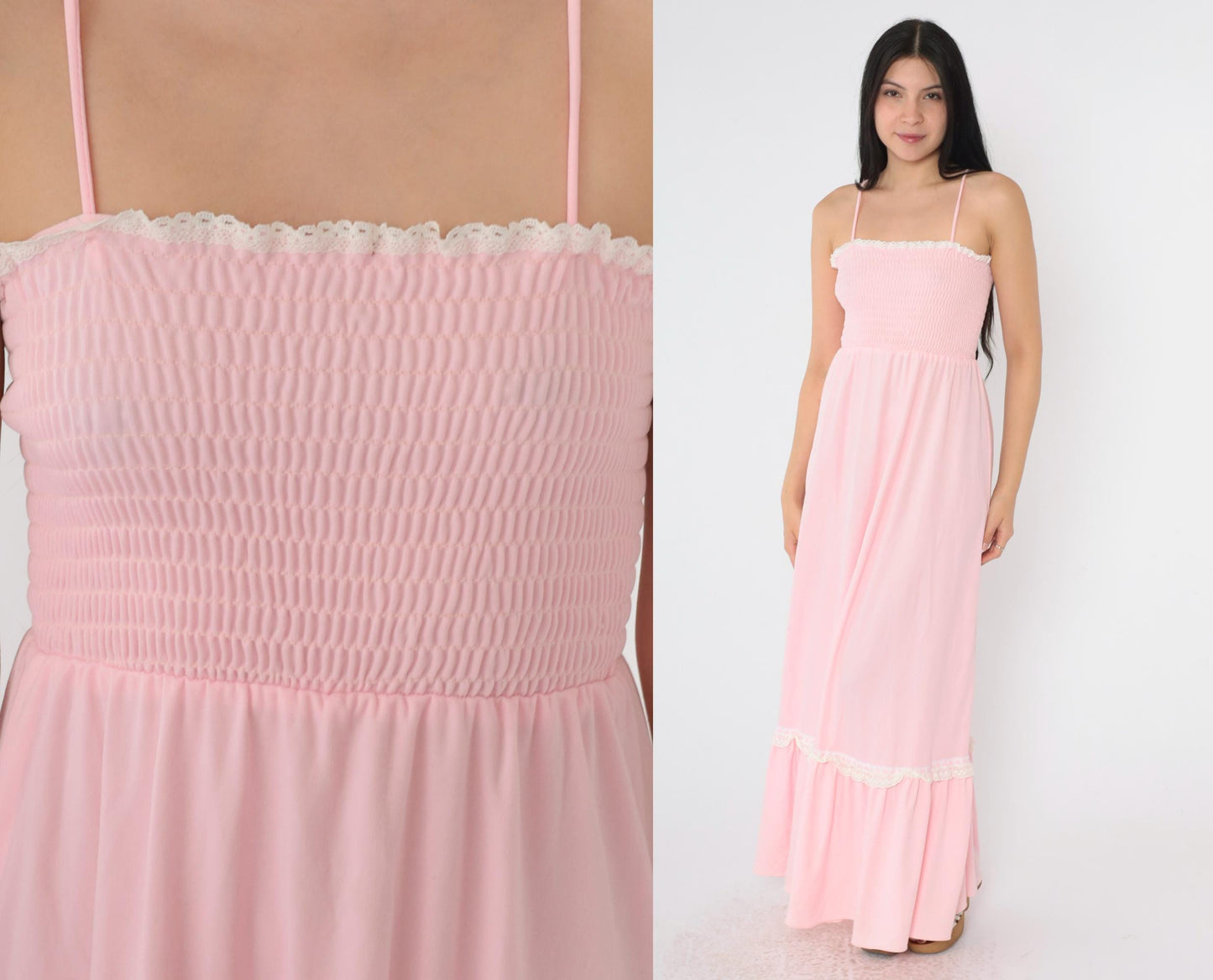 70s Baby Pink Maxi Sundress Smocked High Waist Spaghetti Strap Extra Small