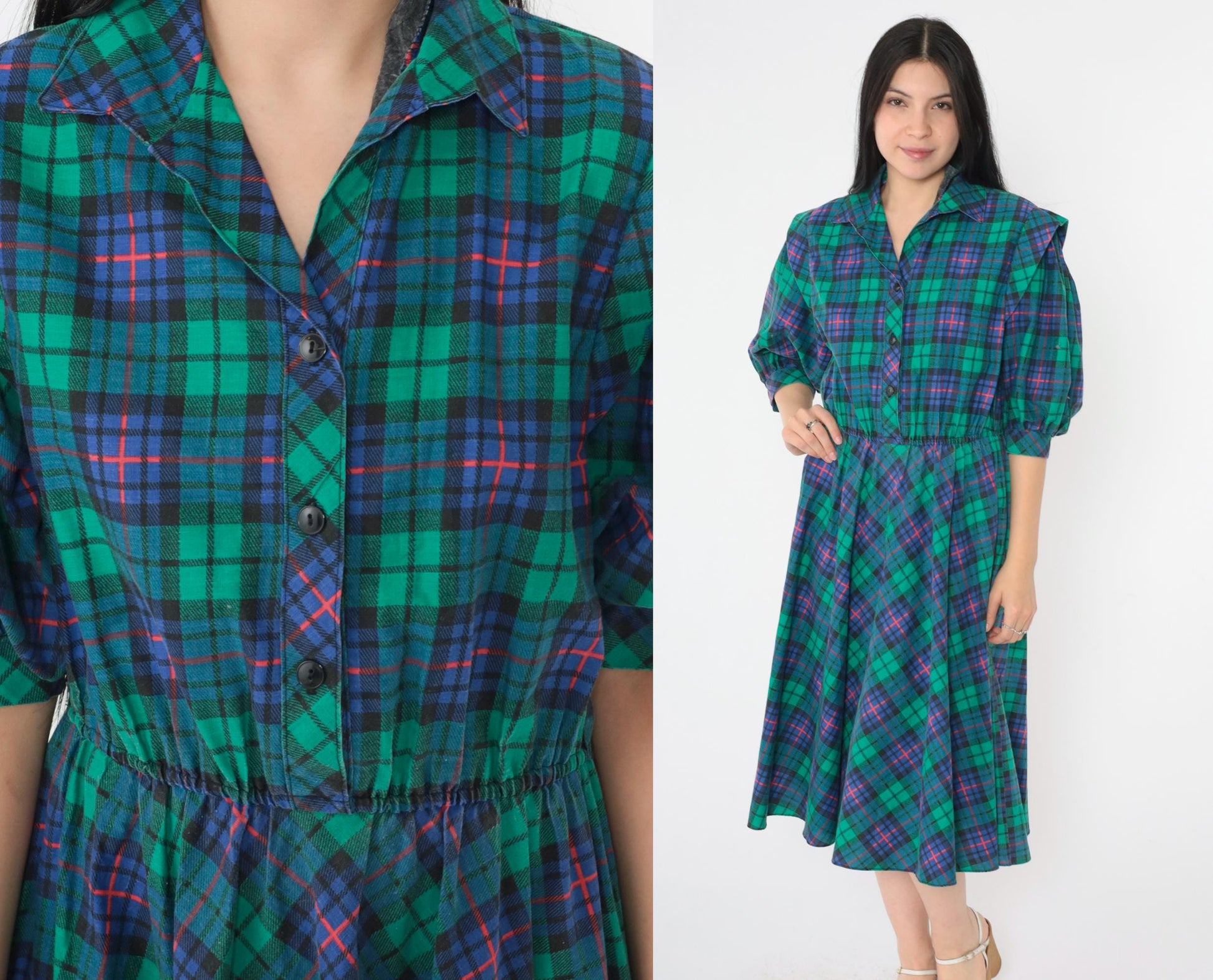 80s Blue Green Plaid Midi Shirt Dress High Waist Collared Button Up Small S