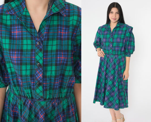 80s Blue Green Plaid Midi Shirt Dress High Waist Collared Button Up Small S