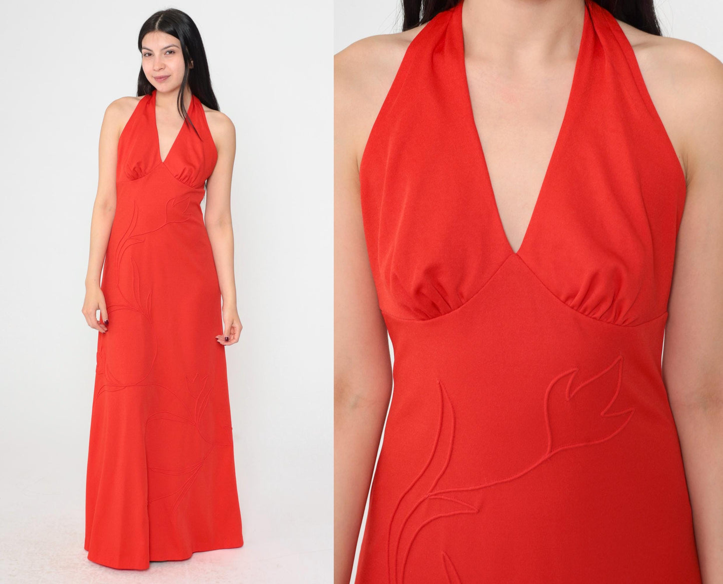 70s Red Halter Maxi Dress Deep V Neck Backless Empire Waist Small