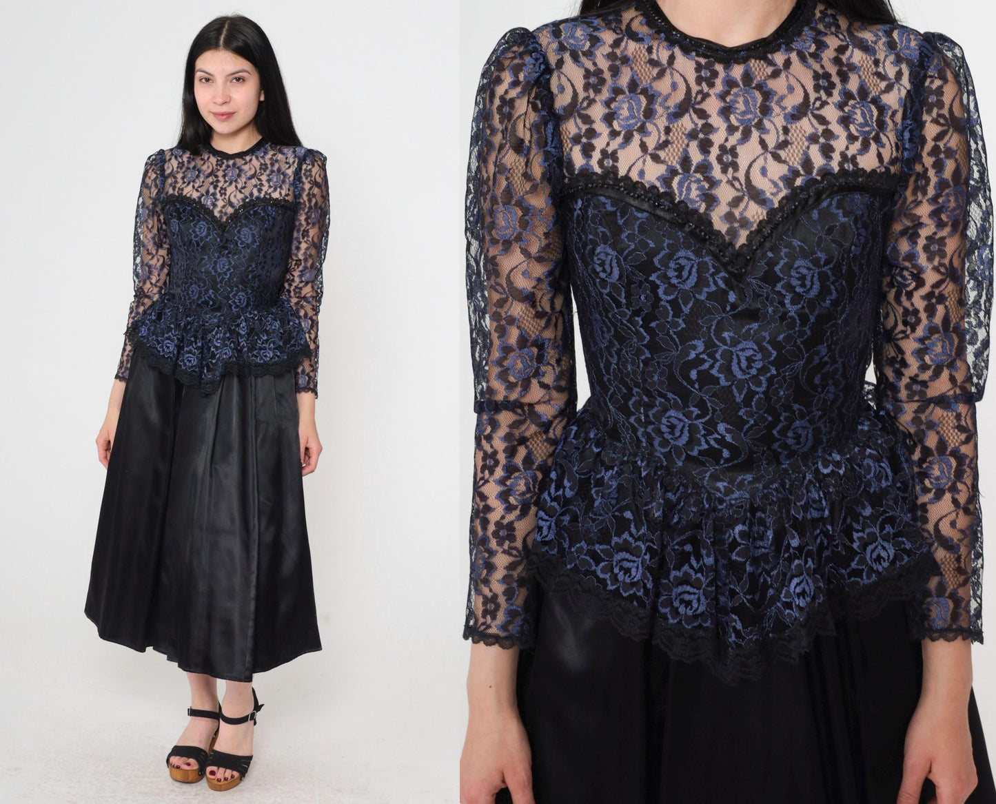 80s Gunne Sax Black Lace Midi Dress Sweetheart Neckline Peplum Extra Small