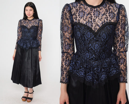 80s Gunne Sax Black Lace Midi Dress Sweetheart Neckline Peplum Extra Small