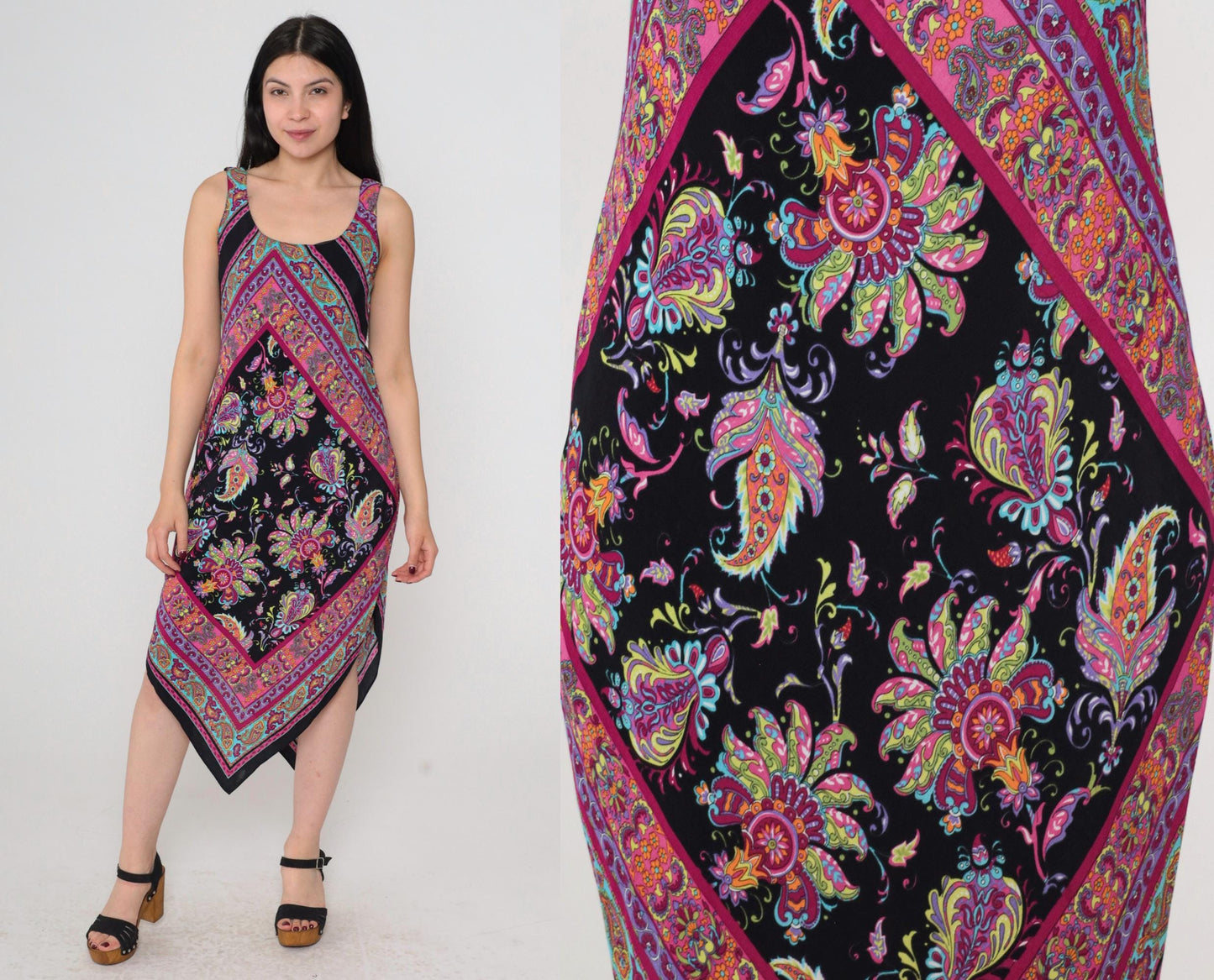 90s Ronni Nicole Black Paisley Floral Midi Dress Handkerchief Hem Small Petite