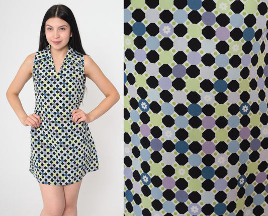 90s Geometric Polka Dot Mini Dress Sleeveless Collared Tie-Back Small S
