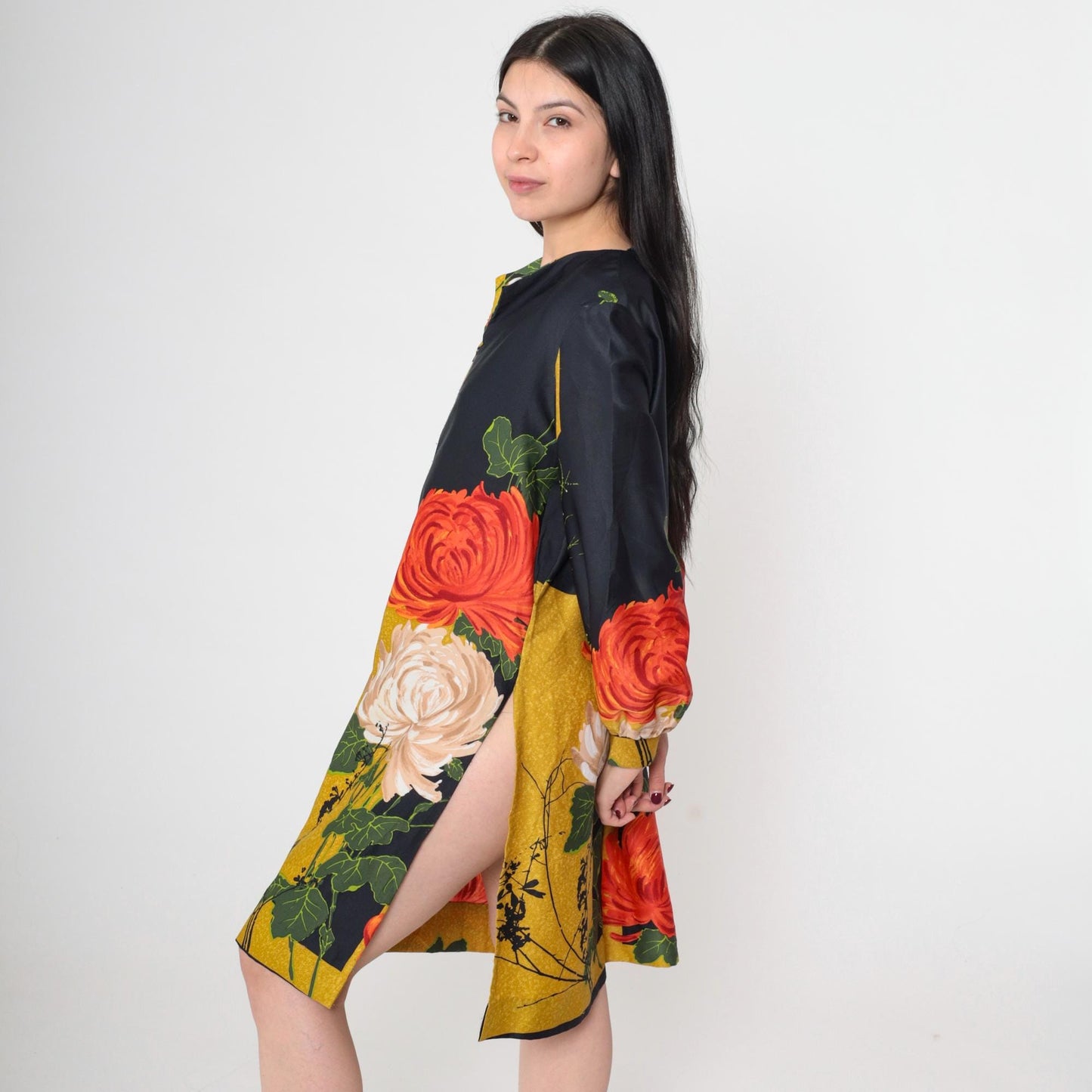 70s Geometric Floral Mini Dress Black Long Sleeve Front Zip High Slit Small