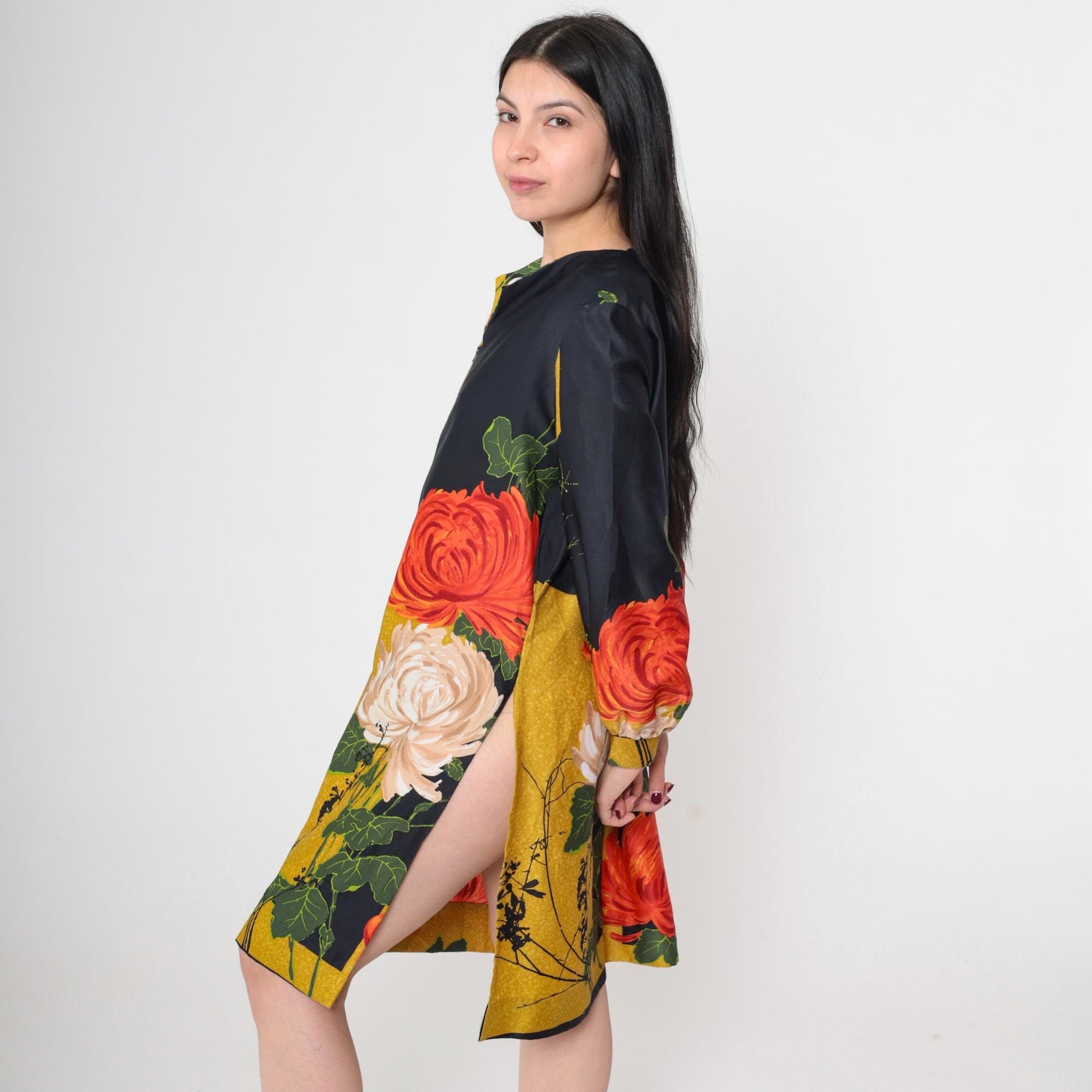 70s Geometric Floral Mini Dress Black Long Sleeve Front Zip High Slit Small