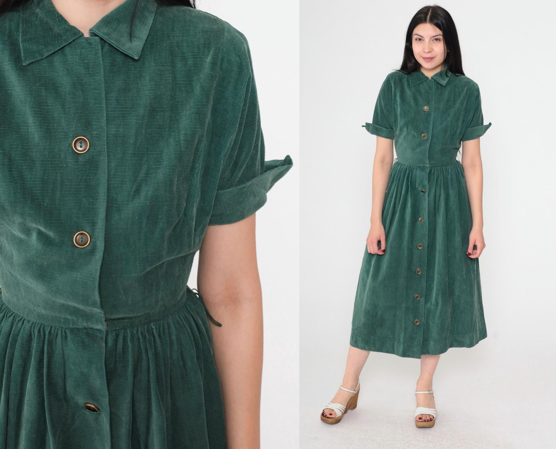 1940s Green Corduroy Button-Up Dress Collared Short Sleeve Gathered Waist Midi Extra Small
