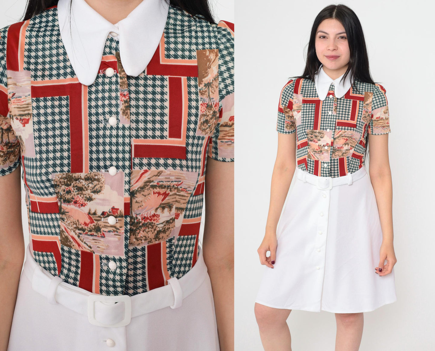 1960s Mod Shirt Dress Pastoral Landscape Print Green Houndstooth Mini XS