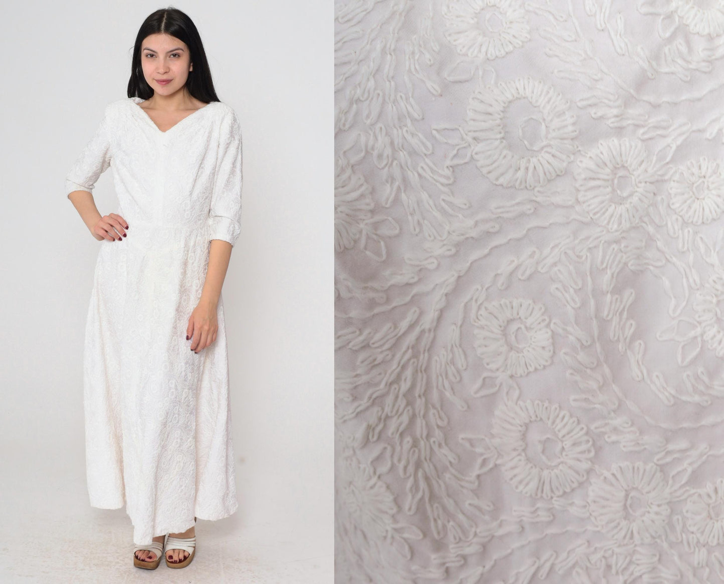 1940s White Floral Embroidered Dress V-Neck 3/4 Sleeve Midi Medium M
