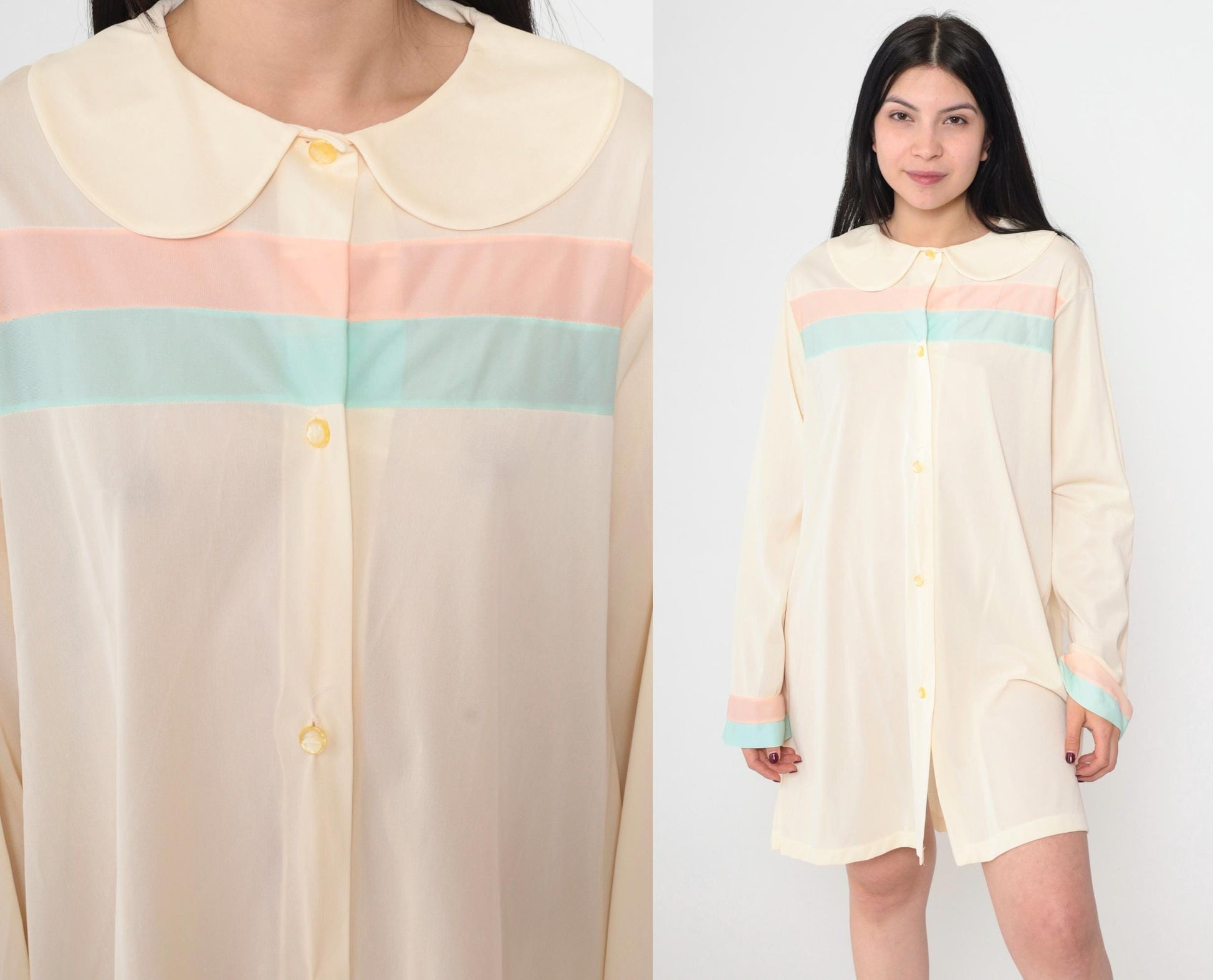 60s Cream Striped Nightgown Peter Pan Collar Mini Shift Nylon Large