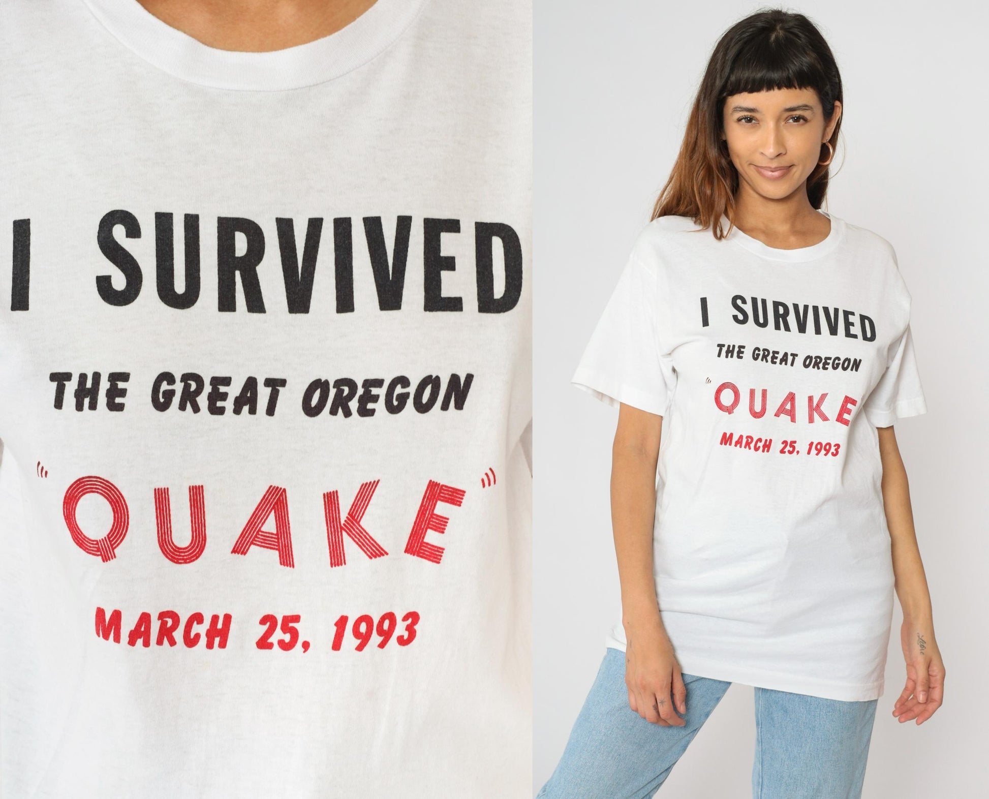 1993 Oregon Earthquake Survivor Graphic T-Shirt White Cotton Crewneck Medium