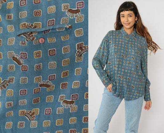 90s Forenza Blue Geometric Crown Print Button Up Shirt Large L
