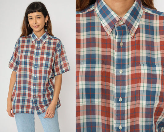 80s Towncraft Plaid Button-Up Shirt Rust White Blue Short Sleeve Large L