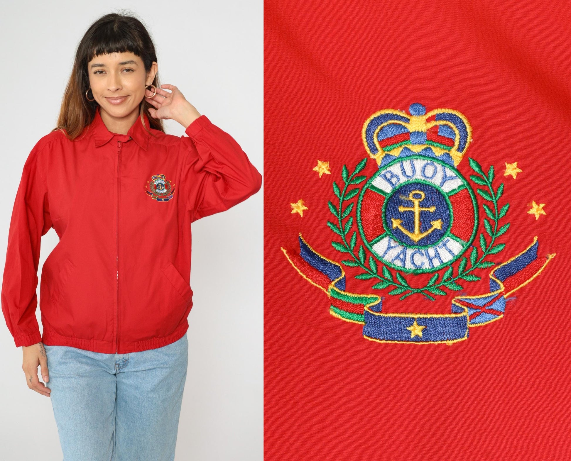 90s Jantzen Nautical Windbreaker Jacket Red Embroidered Crest Medium M