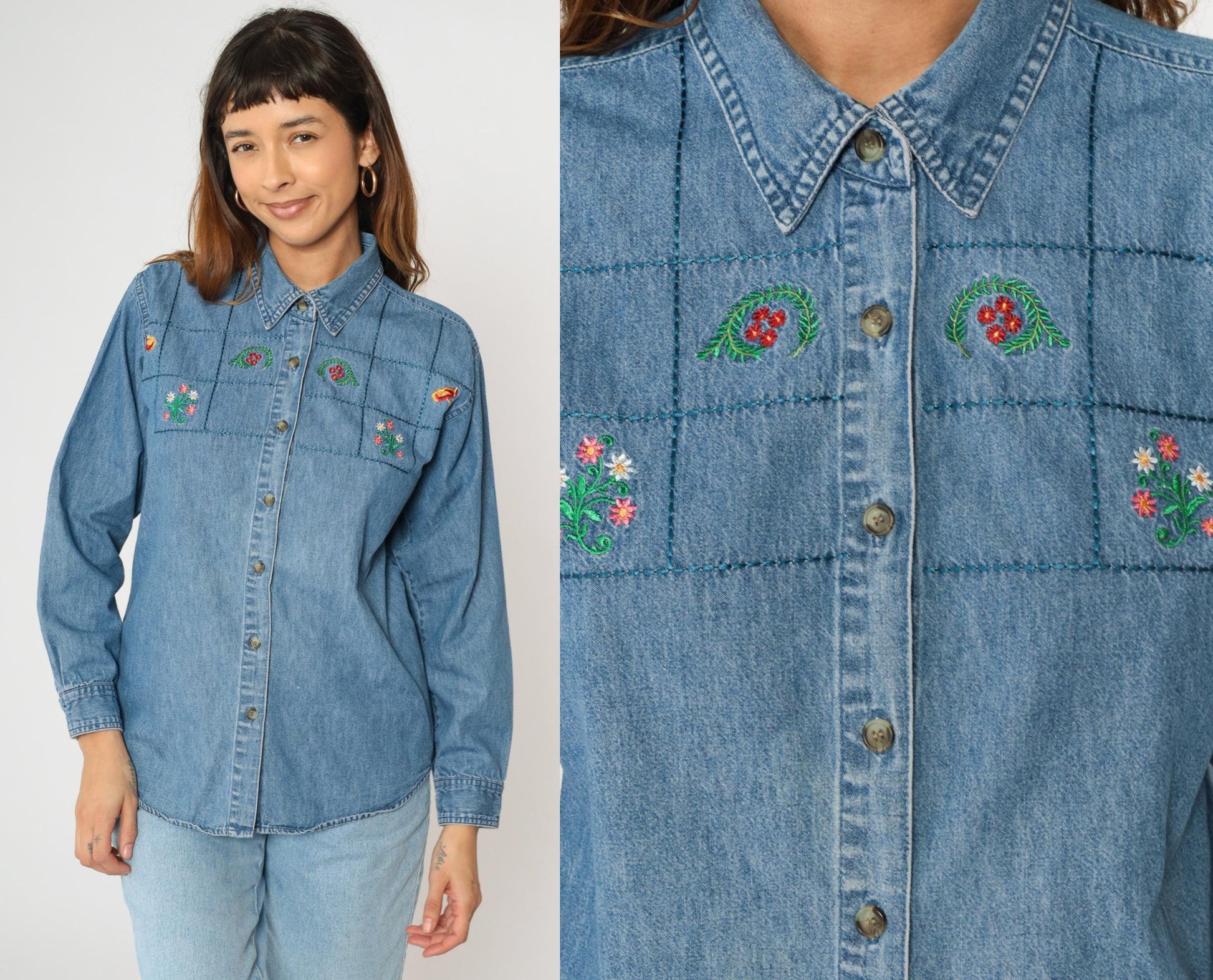 90s River Blues Floral Embroidered Denim Button-Up Shirt Blue Medium M