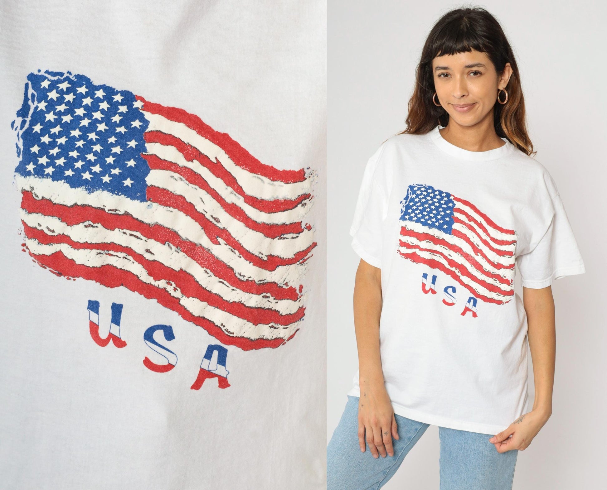 90s American Flag USA Graphic T-Shirt Fruit of the Loom White Crewneck Medium