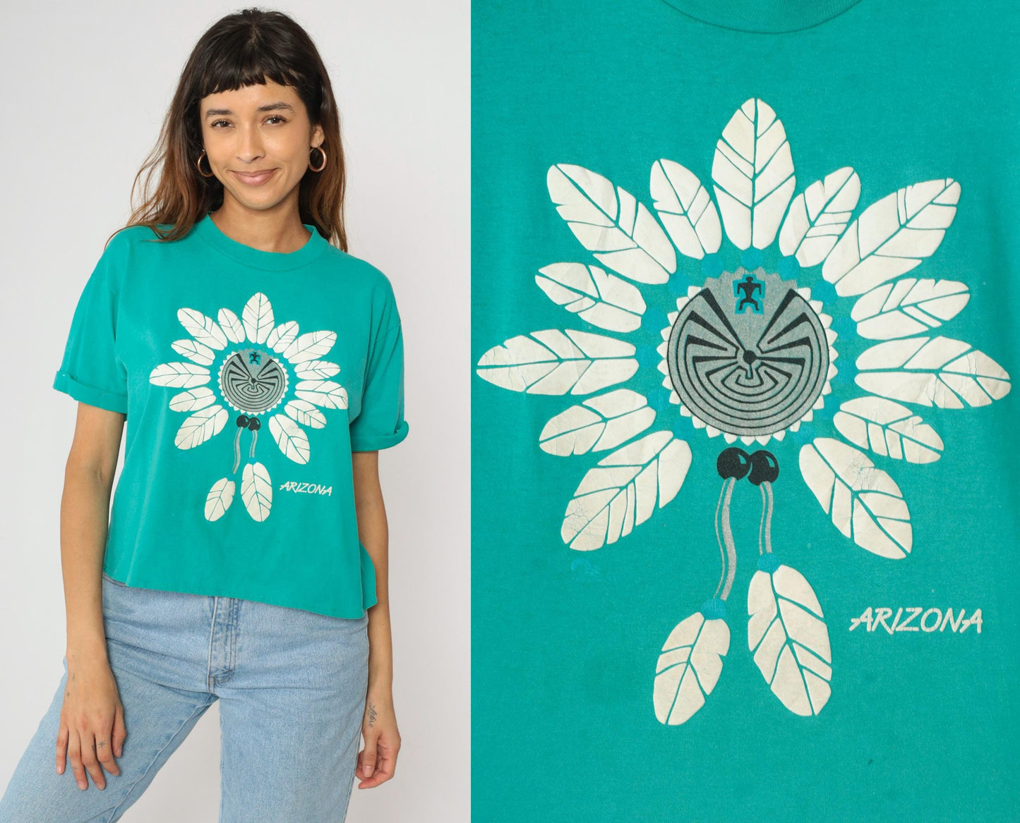 90s Arizona Turquoise Southwest Graphic Cropped T-Shirt Native American Maze Large