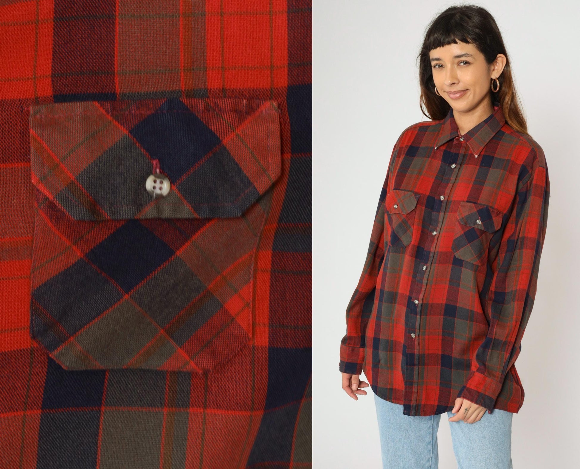 80s Northwest Territory Plaid Button Up Shirt Red Navy Acrylic Men's Large