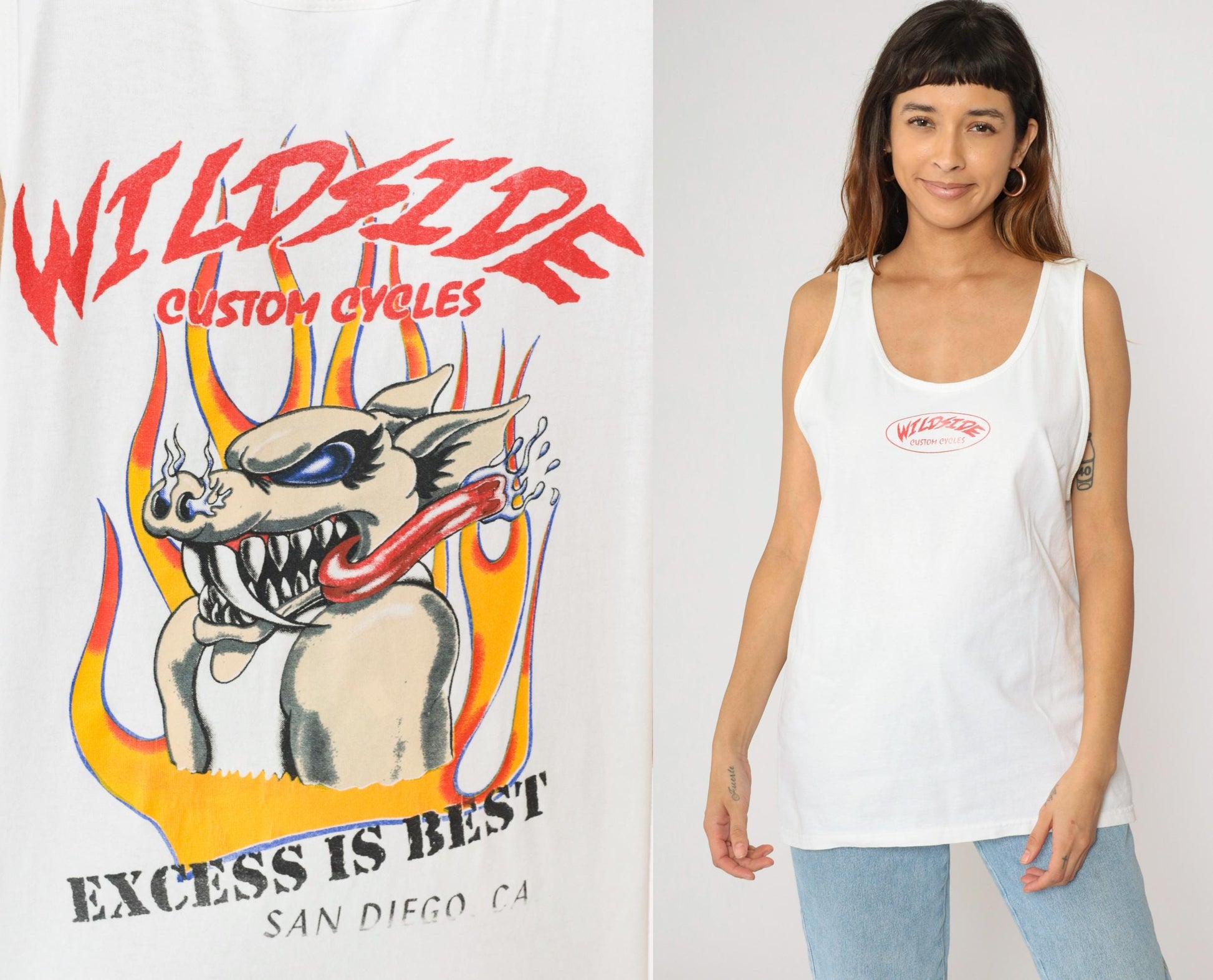 90s Wildside Custom Cycles Biker Tank Top White Flames Graphic Medium