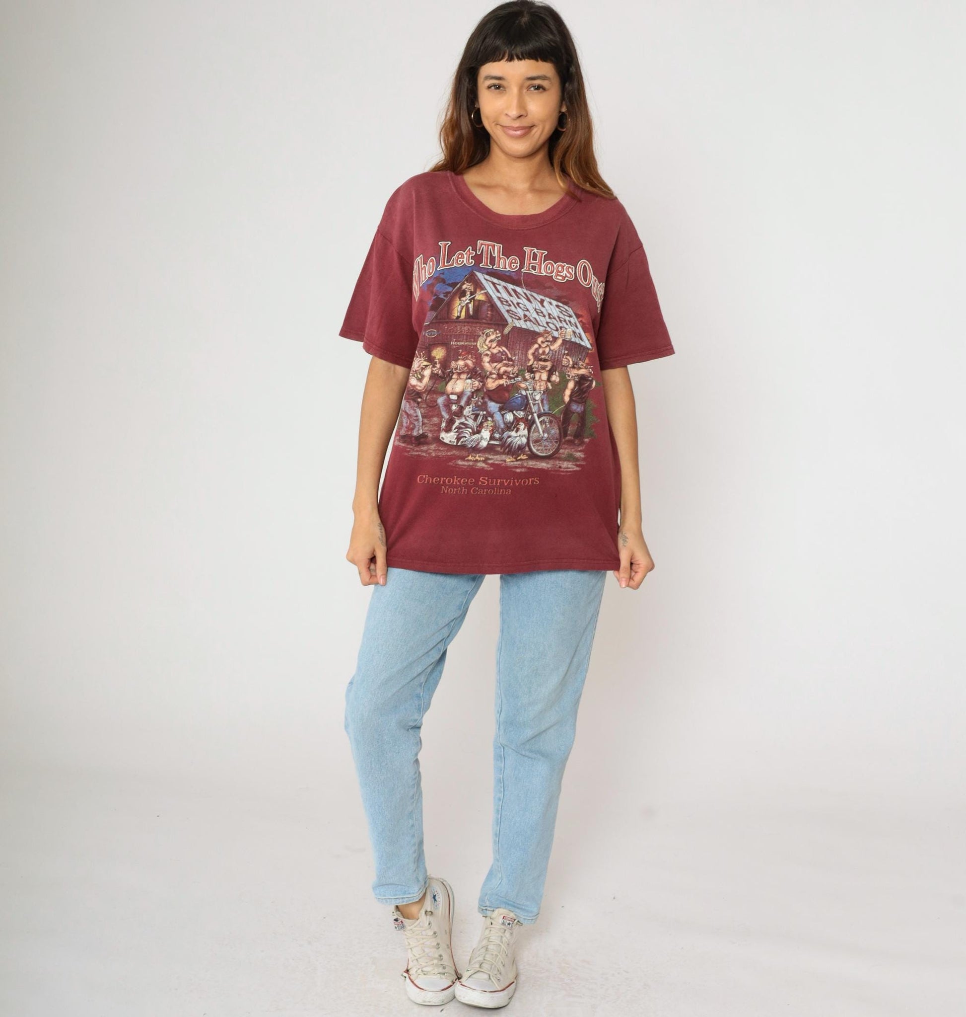 2000s Cherokee Survivors Rally Biker Graphic T-Shirt Maroon Pig Motorcycle Large