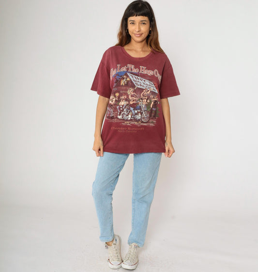 2000s Cherokee Survivors Rally Biker Graphic T-Shirt Maroon Pig Motorcycle Large