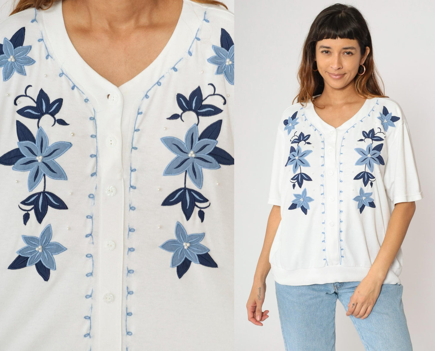 80s Alfred Dunner White Floral Embroidered Pearl Beaded Button Up Blouse Large