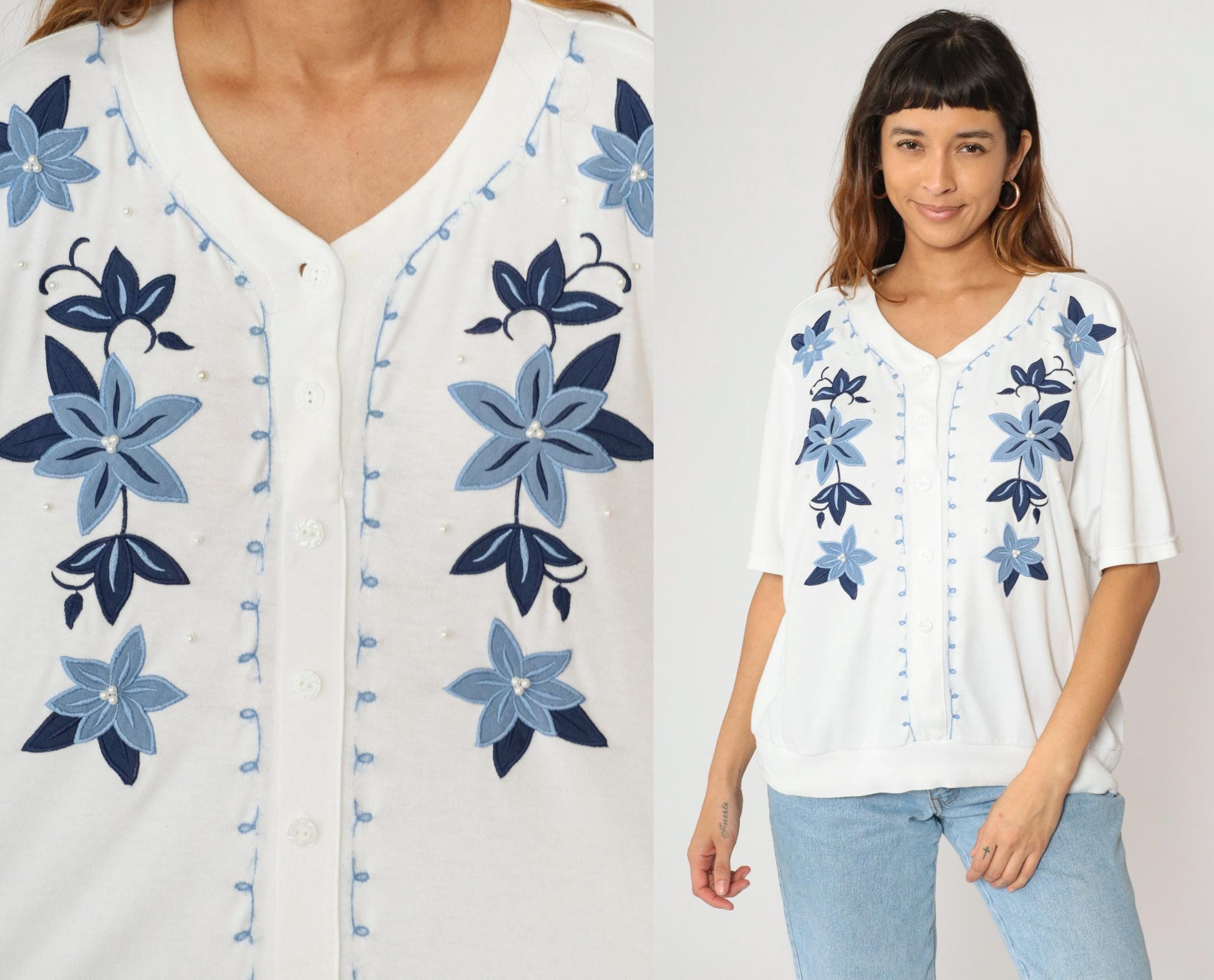 80s Alfred Dunner White Floral Embroidered Pearl Beaded Button Up Blouse Large