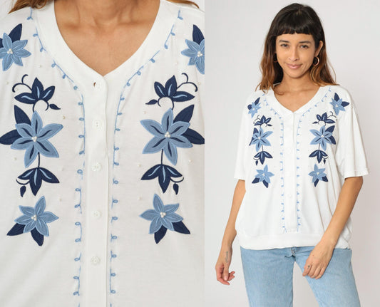 80s Alfred Dunner White Floral Embroidered Pearl Beaded Button Up Blouse Large