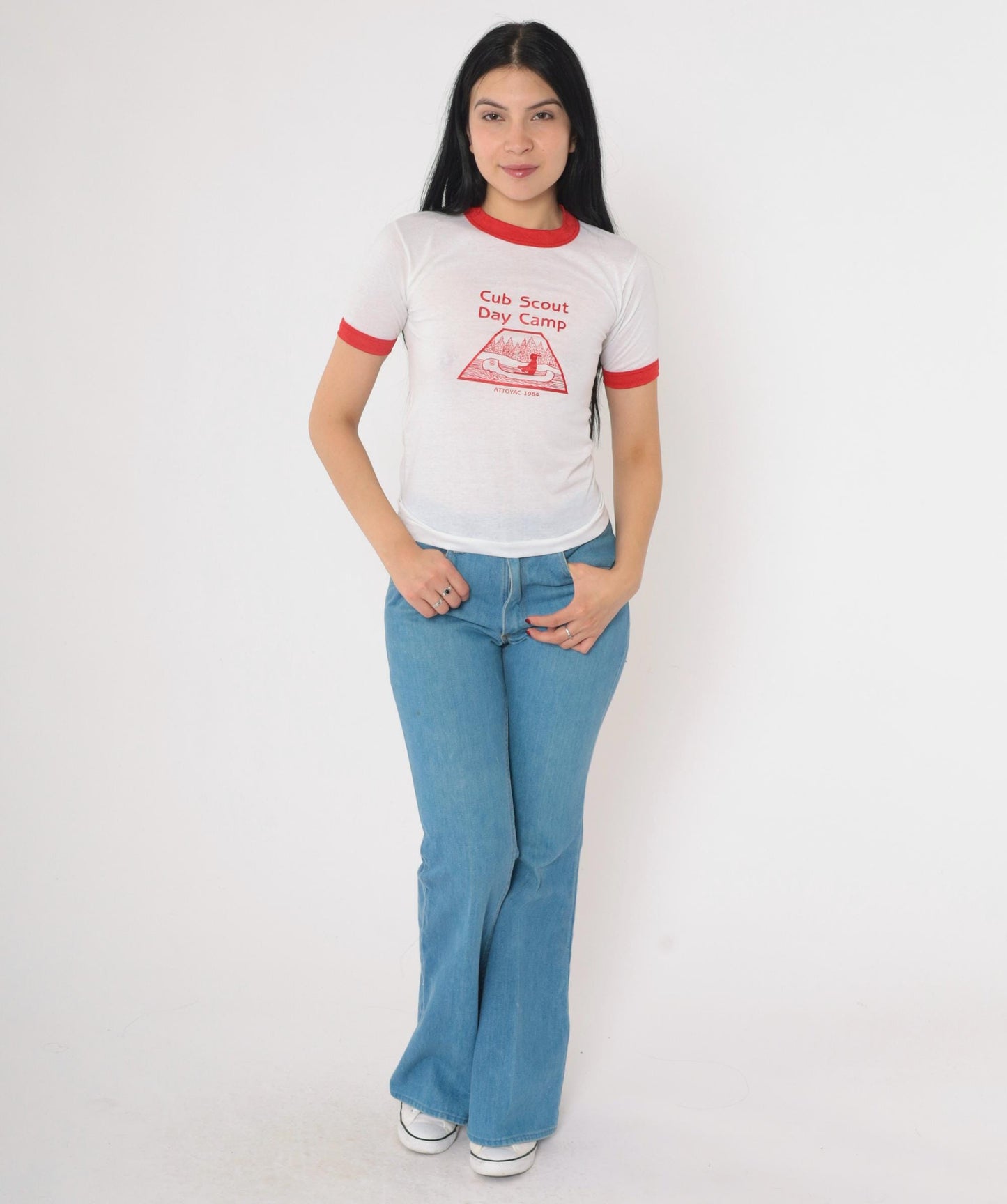 1980s Cub Scout Day Camp Attoyac Ringer Tee White Red Graphic 2XS